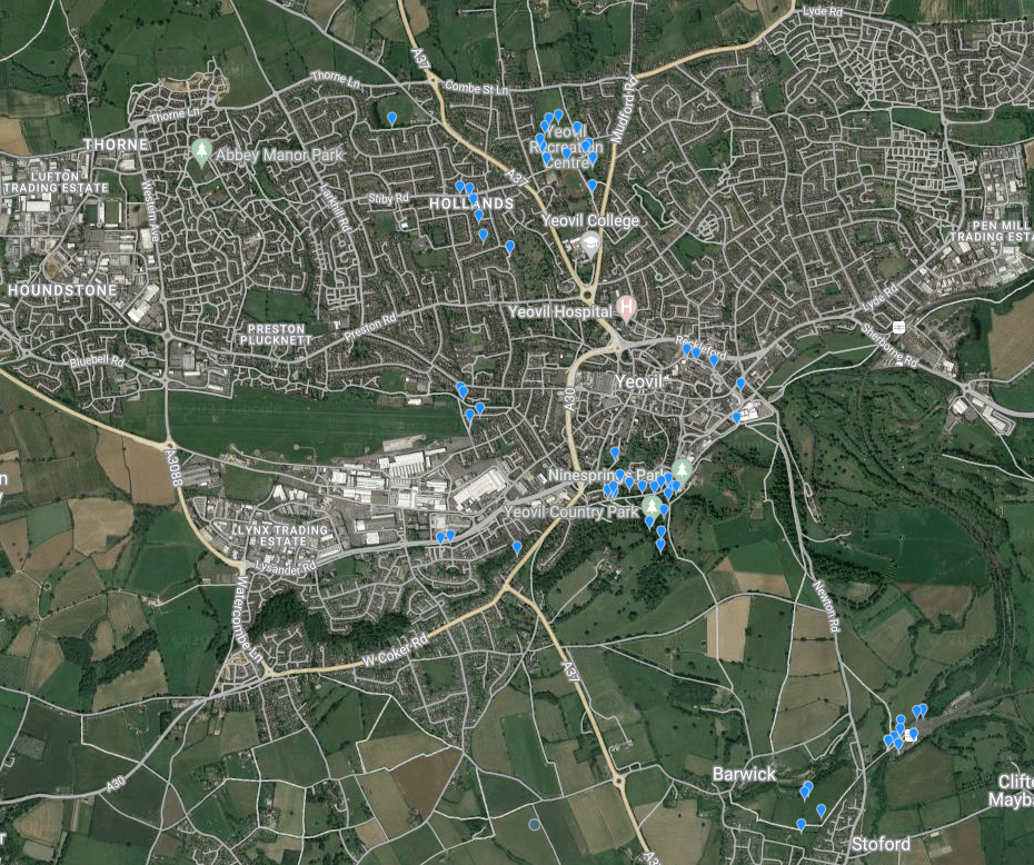 Yeovil Big Bat Count Map - 19Aug23