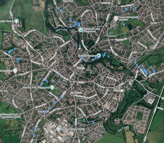 Frome Big Bat Count 2May25 - Bat Map produced on the night